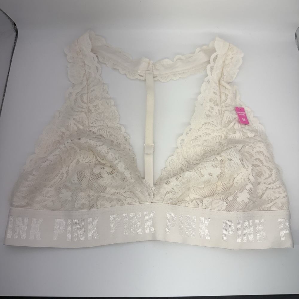 VICTORIA'S SECRET PINK Lace Bralette Bra Wireless T-Back Pullover Size M NWT